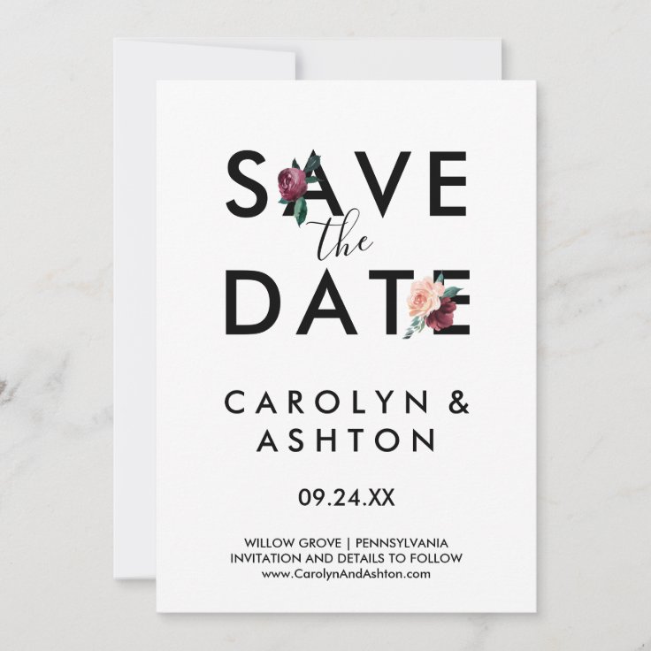 Flower Lettering | Maroon Save the Date Card | Zazzle