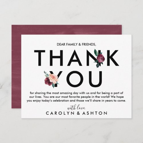 Flower Lettering  Maroon Thank You Reception Card