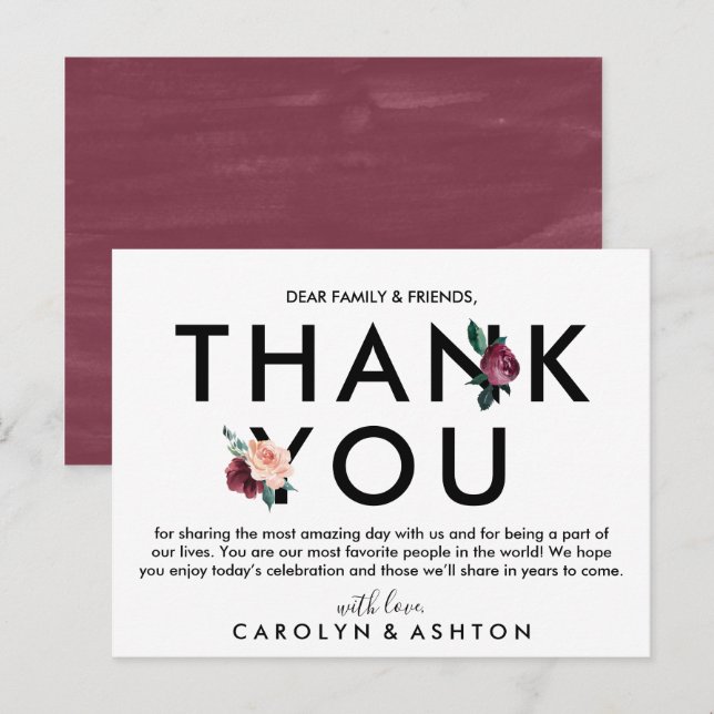 Flower Lettering | Maroon Thank You Reception Card (Front/Back)
