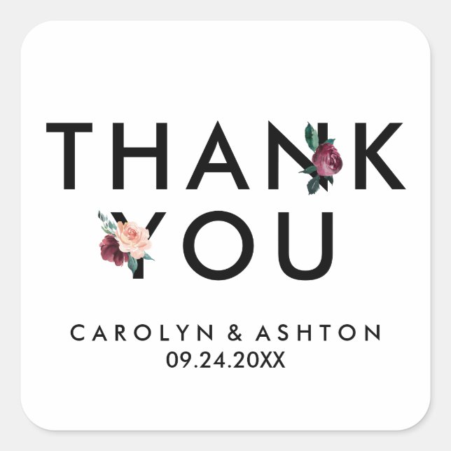 Flower Lettering | Maroon Thank You Wedding Favor Square Sticker (Front)