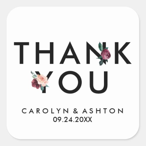 Flower Lettering  Maroon Thank You Wedding Favor Square Sticker