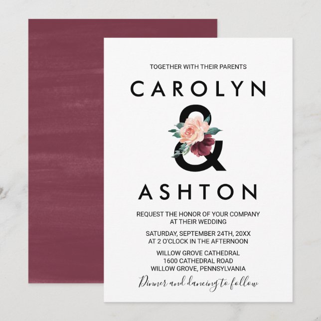 Flower Lettering | Maroon Wedding Invitation (Front/Back)