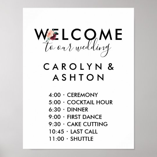 Flower Lettering Maroon Wedding Order Of Events Poster Zazzle Flower Lettering Maroon Wedding Order Of Events Poster
