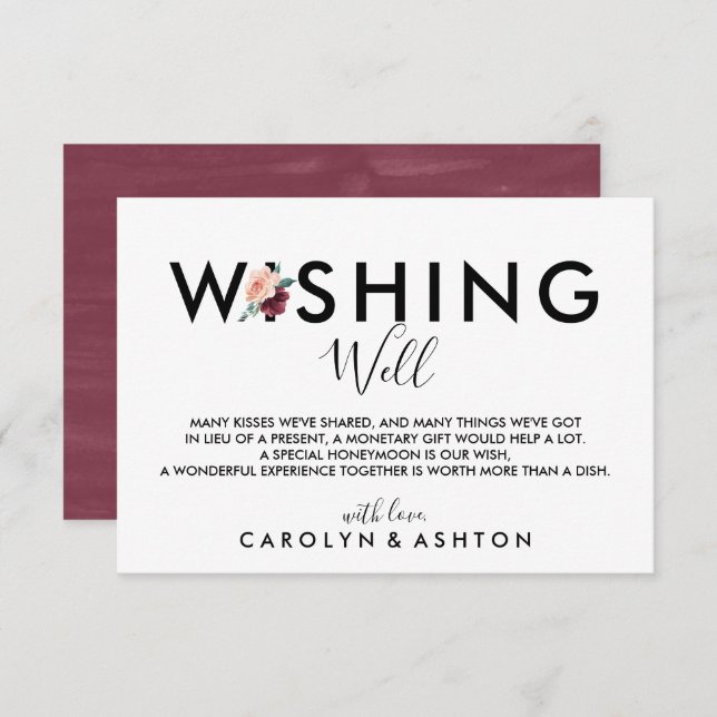 Flower Lettering | Maroon Wedding Wishing Well Enclosure Card (Front/Back)