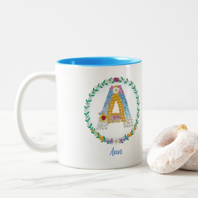Flower Letters Initial "A" with Personalized name Two-Tone Coffee Mug (With Donut)