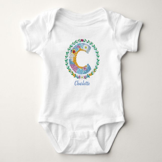 Flower Letters Initial "C" with Personalized name Baby Bodysuit (Front)