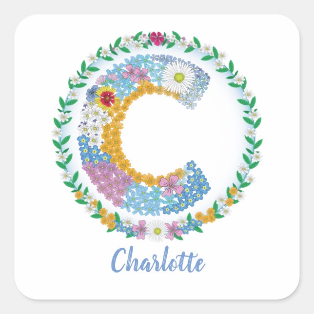 Flower Letters Initial "C" with Personalized name Square Sticker (Front)