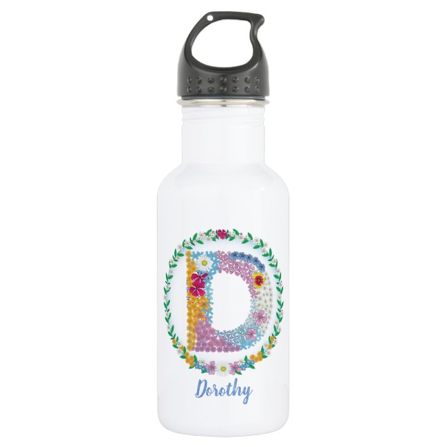 Flower Letters Initial "D" with Personalized name Stainless Steel Water Bottle (Front)