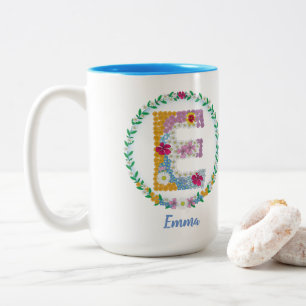 Flower Letters Initial "E" with Personalized name Two-Tone Coffee Mug
