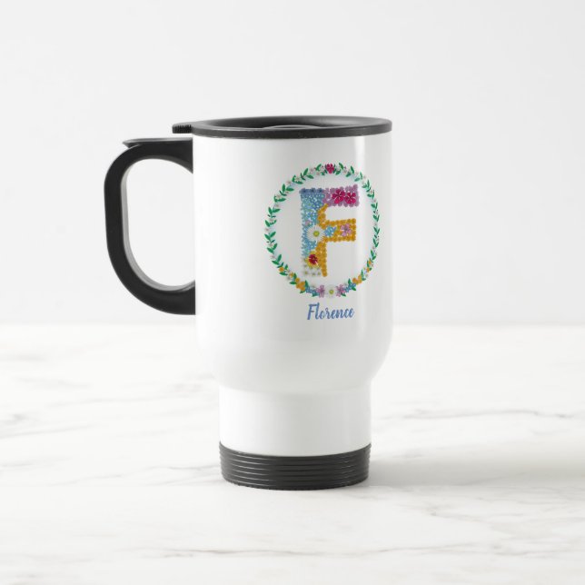 Flower Letters Initial "F" with Personalized name Travel Mug (Left)