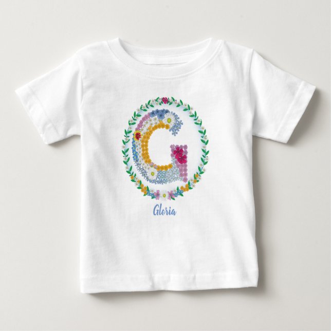 Flower Letters Initial "G" with Personalized name Baby T-Shirt (Front)