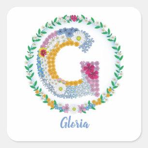 Flower Letters Initial "G" with Personalized name Square Sticker