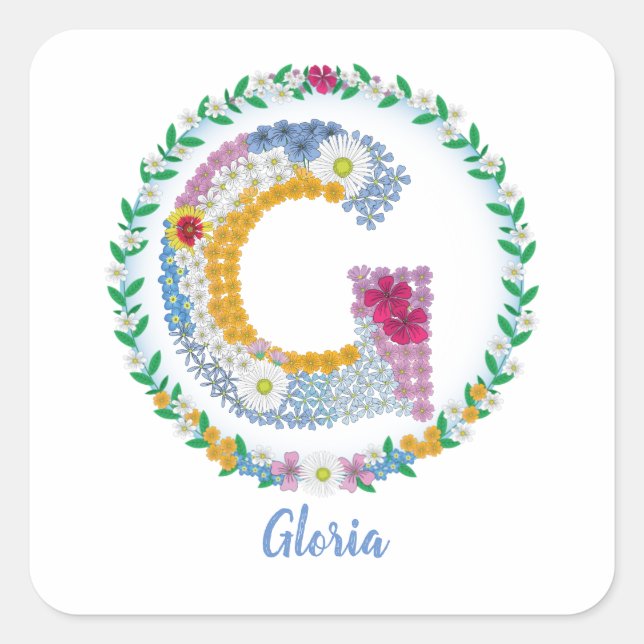 Flower Letters Initial "G" with Personalized name Square Sticker (Front)