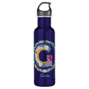 Flower Letters Initial "G" with Personalized name Stainless Steel Water Bottle