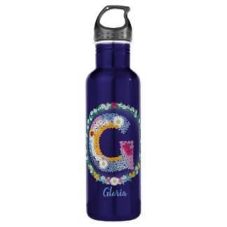 Flower Letters Initial "G" with Personalized name Stainless Steel Water Bottle