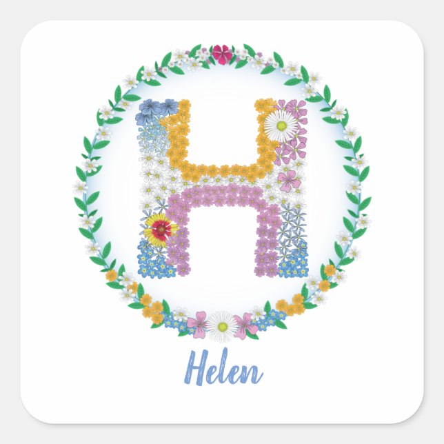 Flower Letters Initial "H" with Personalized name Square Sticker (Front)