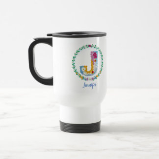 Flower Letters Initial "J" with Personalized name Travel Mug