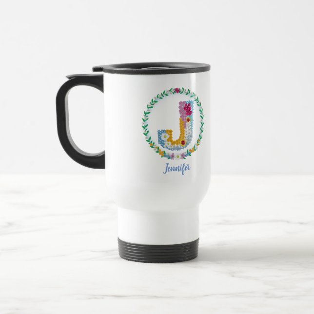 Flower Letters Initial "J" with Personalized name Travel Mug (Left)