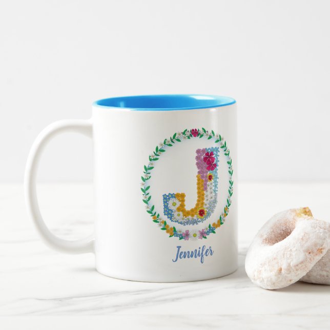 Flower Letters Initial "J" with Personalized name Two-Tone Coffee Mug (With Donut)