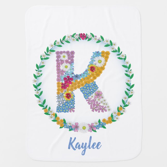 Flower Letters Initial "K" with Personalized name Baby Blanket (Front)