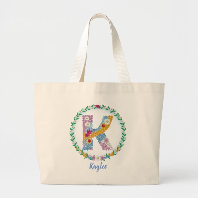 Flower Letters Initial "K" with Personalized name Large Tote Bag (Front)