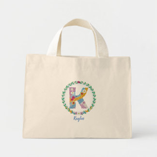 Flower Letters Initial "K" with Personalized name Mini Tote Bag