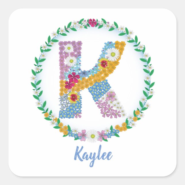 Flower Letters Initial "K" with Personalized name Square Sticker (Front)