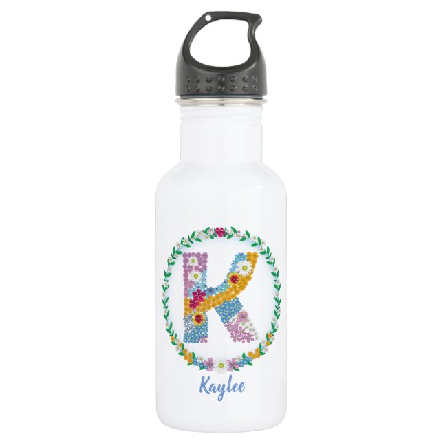 Flower Letters Initial "K" with Personalized name Stainless Steel Water Bottle (Front)