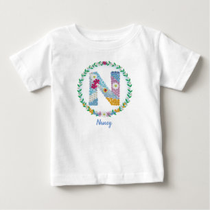 Flower Letters Initial "N" with Personalized name Baby T-Shirt