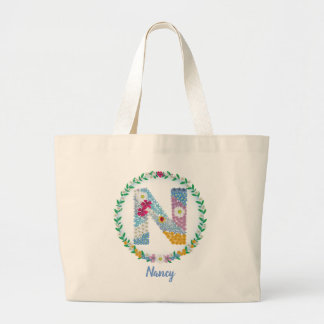 Flower Letters Initial "N" with Personalized name  Large Tote Bag