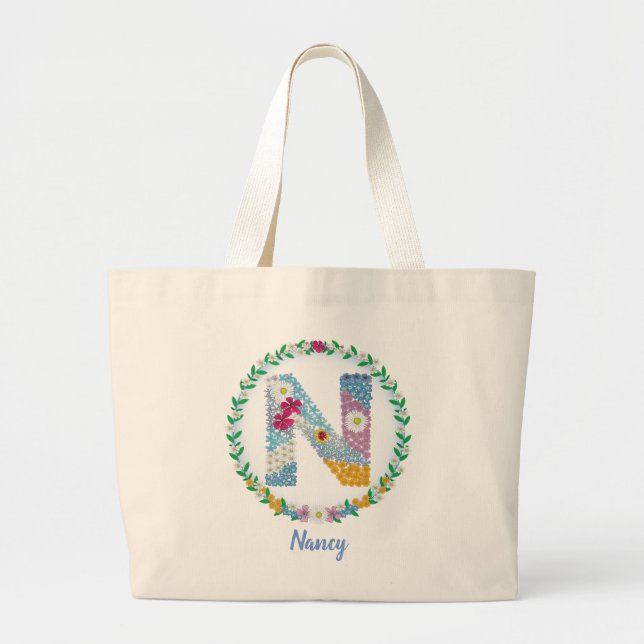 Flower Letters Initial "N" with Personalized name  Large Tote Bag (Front)