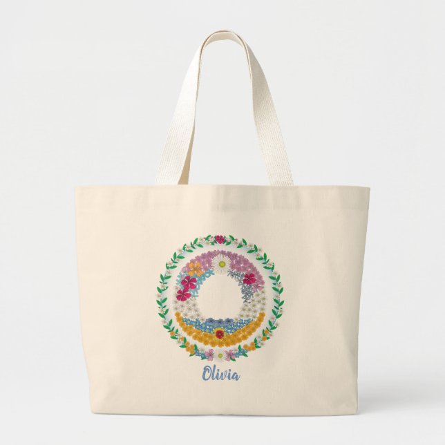 Flower Letters Initial "O" with Personalized name Large Tote Bag (Front)