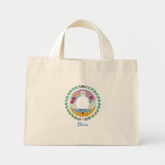 Flower Letters Initial "O" with Personalized name Mini Tote Bag
