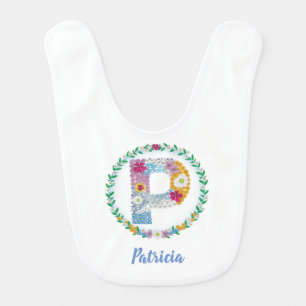 Flower Letters Initial "P" with Personalized name Baby Bib