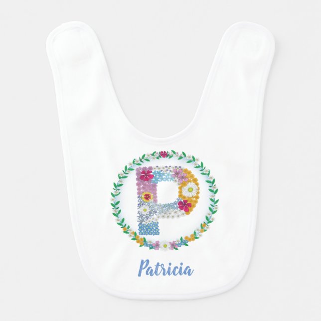 Flower Letters Initial "P" with Personalized name Baby Bib (Front)