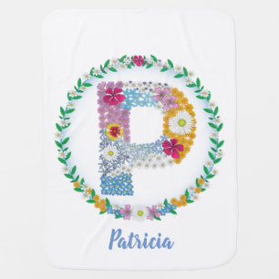 Flower Letters Initial "P" with Personalized name Baby Blanket