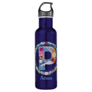 Flower Letters Initial "P" with Personalized name Stainless Steel Water Bottle