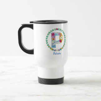 Flower Letters Initial "P" with Personalized name Travel Mug