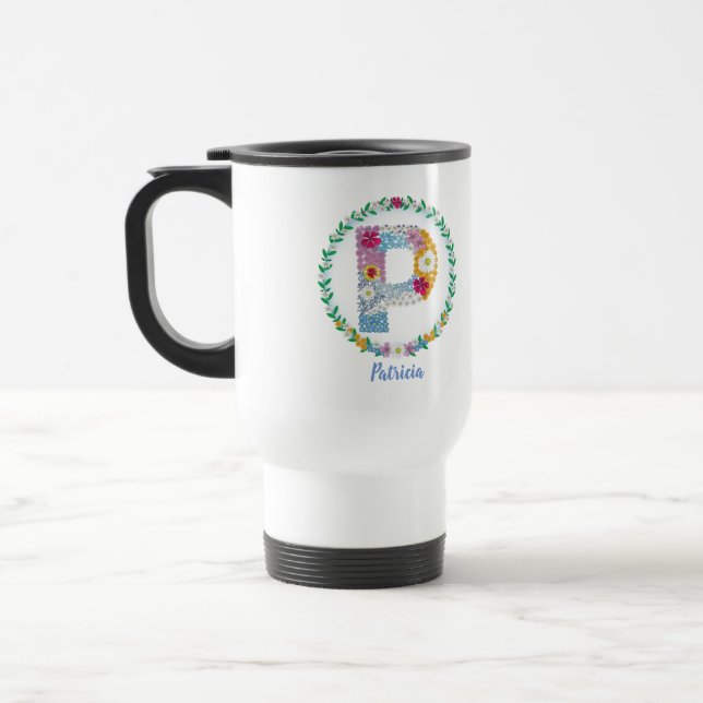 Flower Letters Initial "P" with Personalized name Travel Mug (Left)