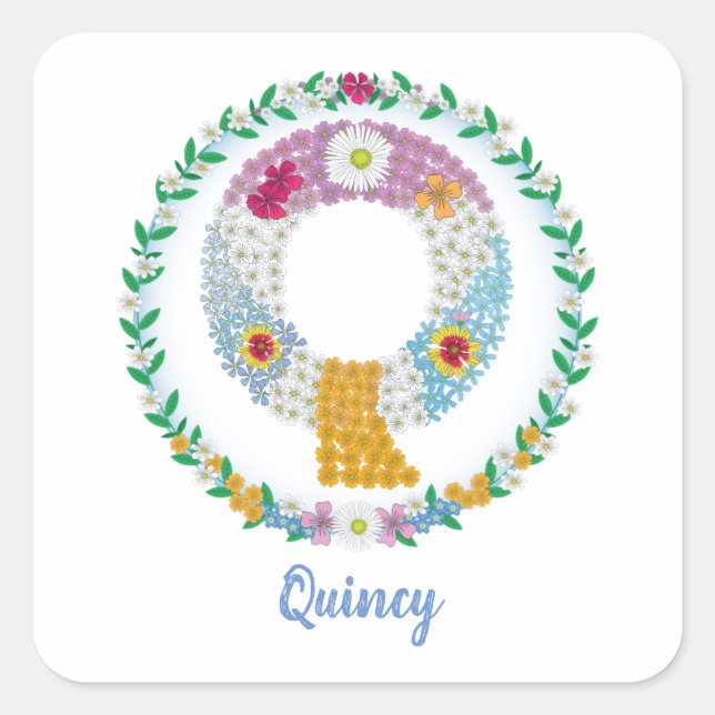 Flower Letters Initial "Q" with Personalized name Square Sticker (Front)