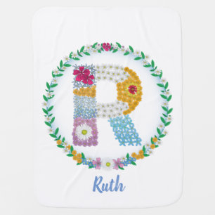 Flower Letters Initial "R" with Personalized name Baby Blanket