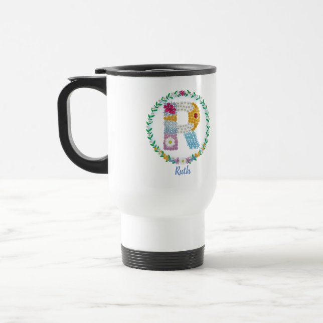 Flower Letters Initial "R" with Personalized name Travel Mug (Left)
