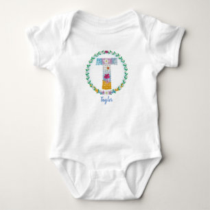 Flower Letters Initial "T" with Personalized name Baby Bodysuit