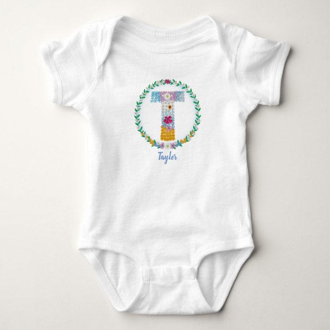 Flower Letters Initial "T" with Personalized name Baby Bodysuit (Front)