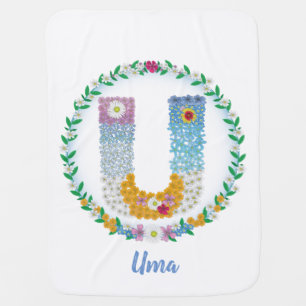 Flower Letters Initial "U" with Personalized name Baby Blanket