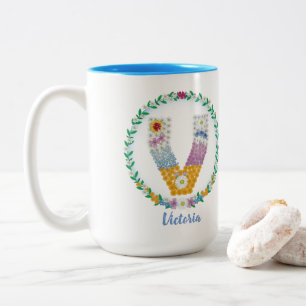 Flower Letters Initial "V" with Personalized name Two-Tone Coffee Mug