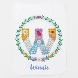 Flower Letters Initial "W" with Personalized name Baby Blanket