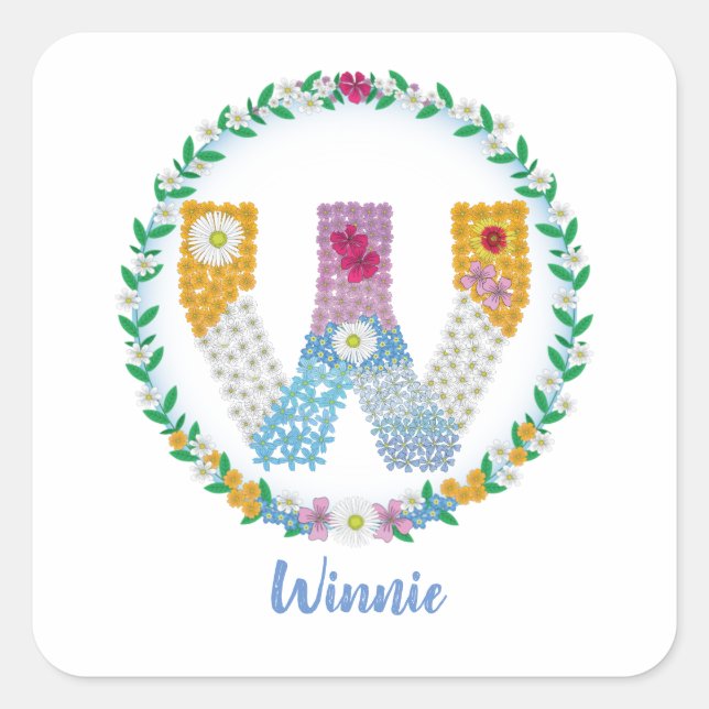 Flower Letters Initial "W" with Personalized name Square Sticker (Front)