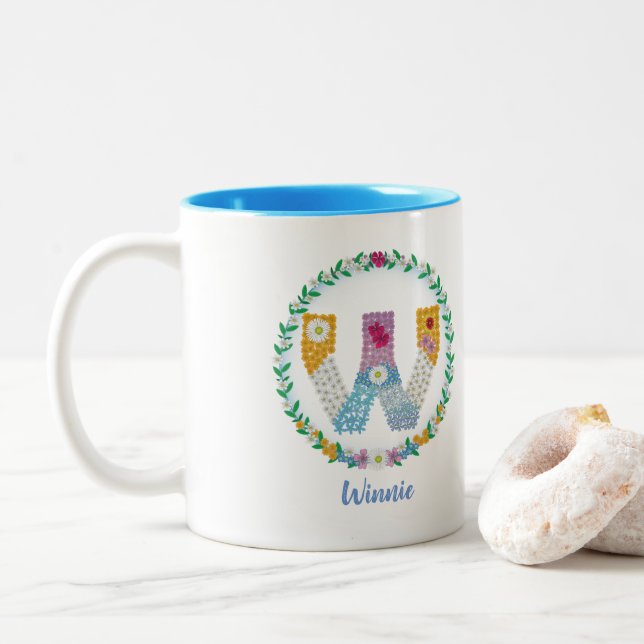 Flower Letters Initial "W" with Personalized name  Two-Tone Coffee Mug (With Donut)