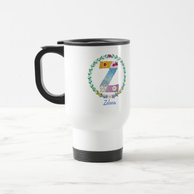 Flower Letters Initial "Z" with Personalized name Travel Mug (Left)